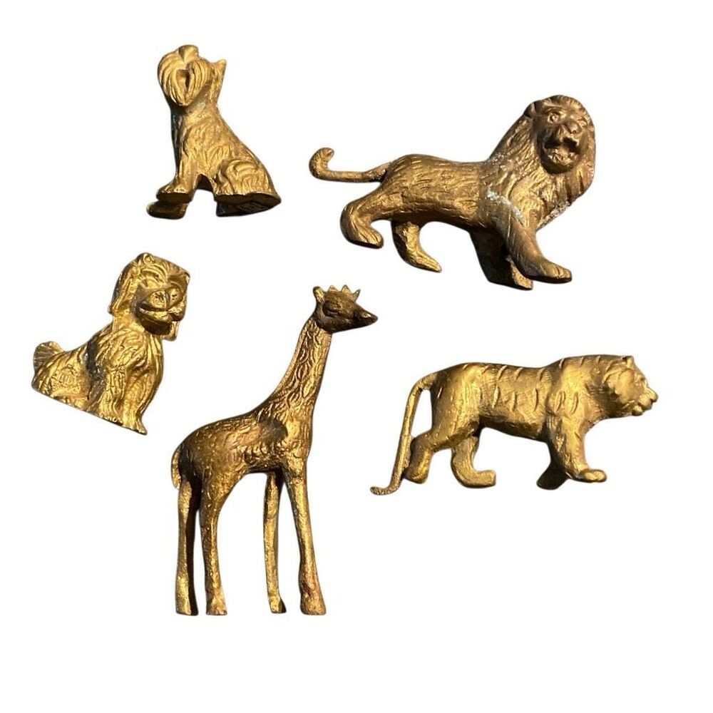 Vintage Lot Of 5 Collectible Brass Animals Figurines Tiger Poodle Giraffe Lion